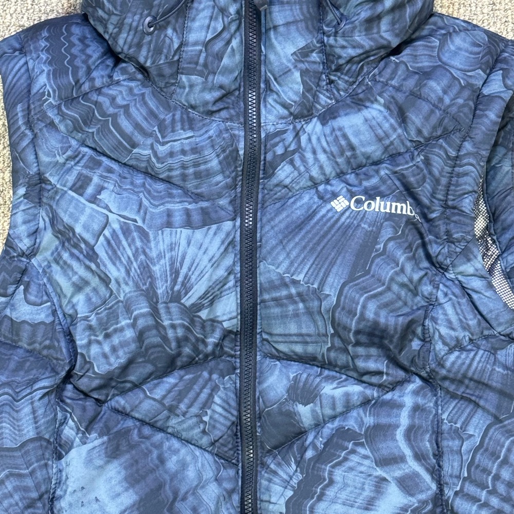 Columbia Omni-Heat Hooded Puffer Vest Womens‎ Small Blue Black Insulated